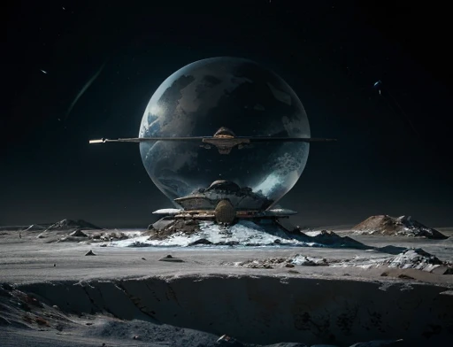 A Flying Saucer-Shaped Alien Ship Has Crashed to the Ground, half buried, frozen planet setting, snowstorm , zoomed in on crotch, , chunie, darkgem, there is an astronaut watching this spaceship