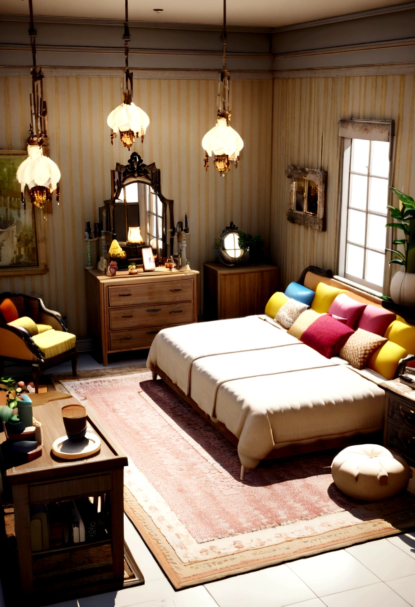 insanely detailed dollhouse, cozy bedroom, Cute 3d render, attractive lights and shadows, white and yellow pillows, architecture, Furniture, indoors, Building, living room, room, carpet, Pflanzen, Home Decoration, sofa, chair, INTERIOR DESIGN  