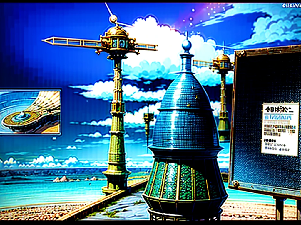 DVD screengrab from studio ghibli movie, beautiful steampunk observatory, clouds on blue sky, designed by Hayao Miyazaki, retro anime