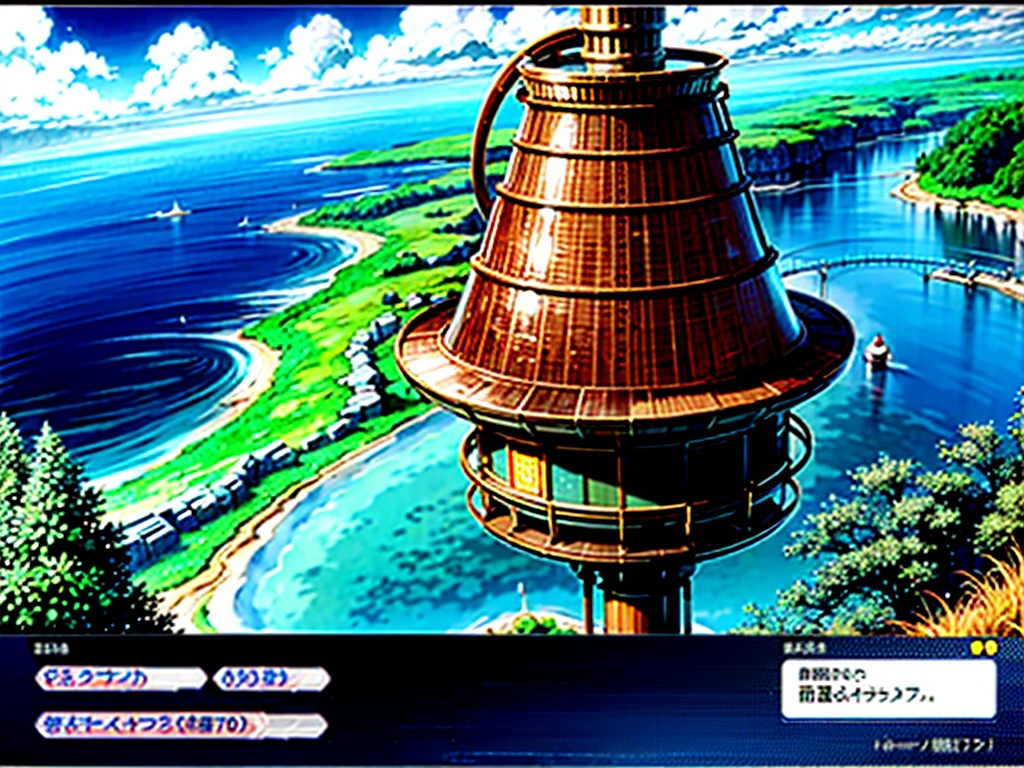 DVD screengrab from studio ghibli movie, beautiful steampunk observatory, clouds on blue sky, designed by Hayao Miyazaki, retro anime
