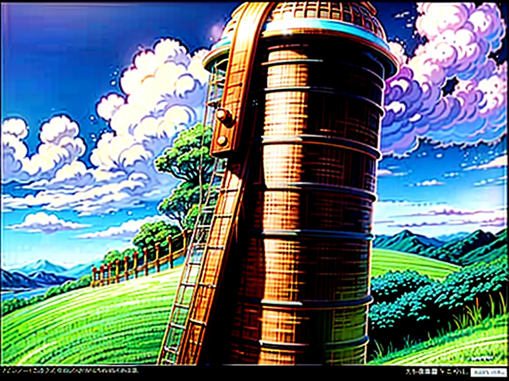 DVD screengrab from studio ghibli movie, beautiful steampunk observatory, clouds on blue sky, designed by Hayao Miyazaki, retro anime