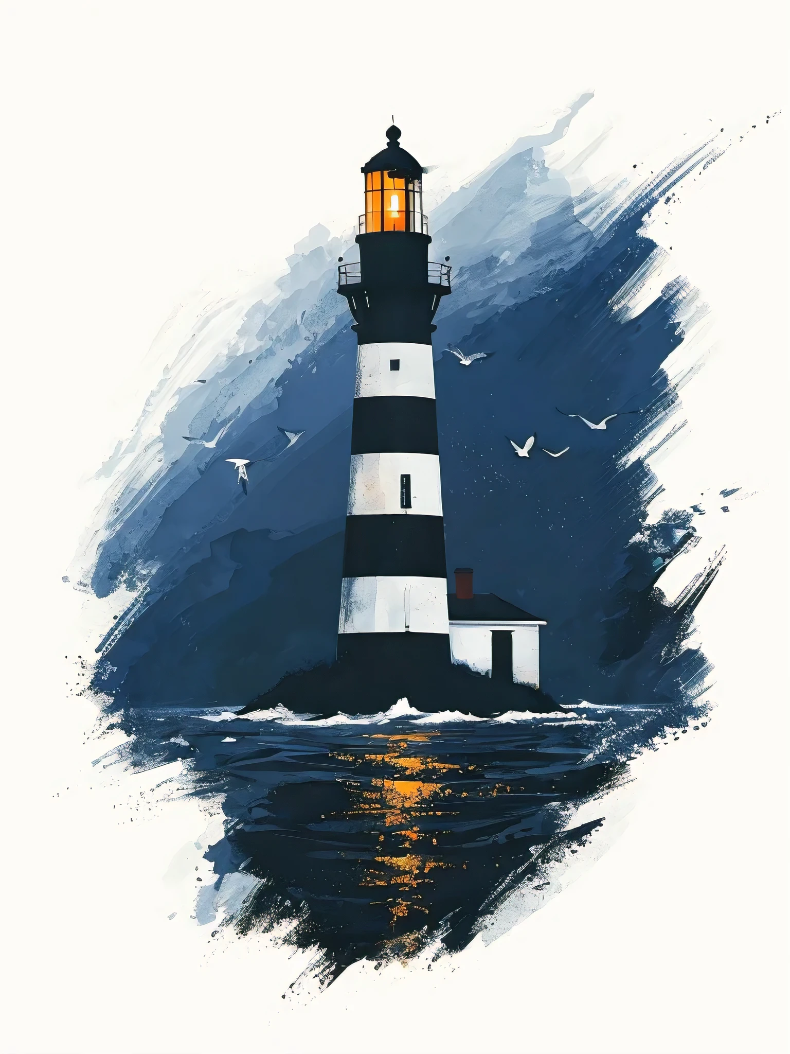 A lighthouse with black and white stripes, surrounded by flying seagulls, simple and charming illustration, calm ocean background with sparkling water, serene and peaceful atmosphere, watercolor painting style