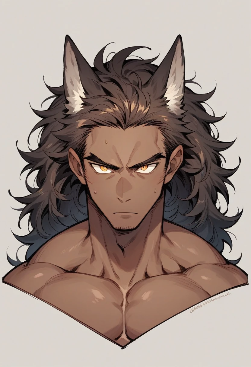 A male with tan skin, muscular, long dark brown wavy hair, golden eyes with vertical pupil, wolf ears