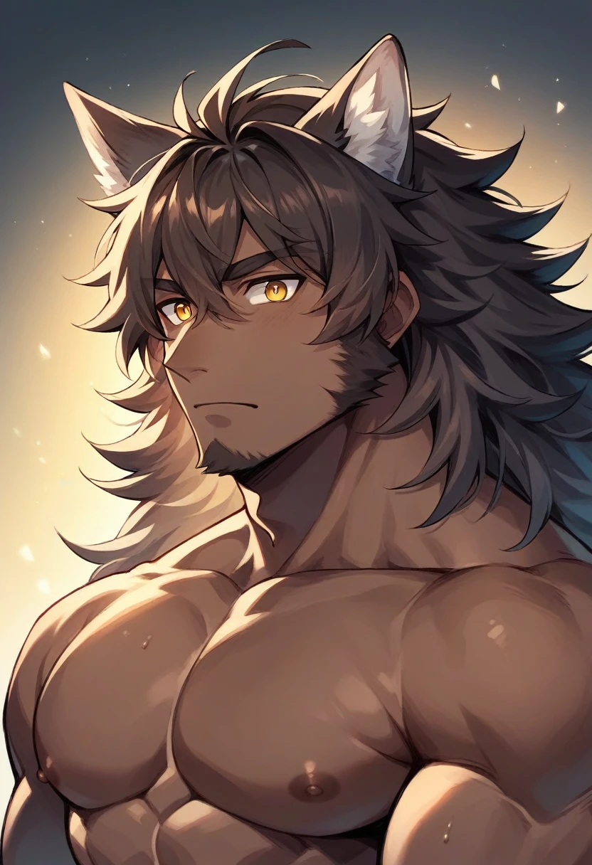 A male with tan skin, muscular, long dark brown wavy hair, golden eyes with vertical pupil, wolf ears
