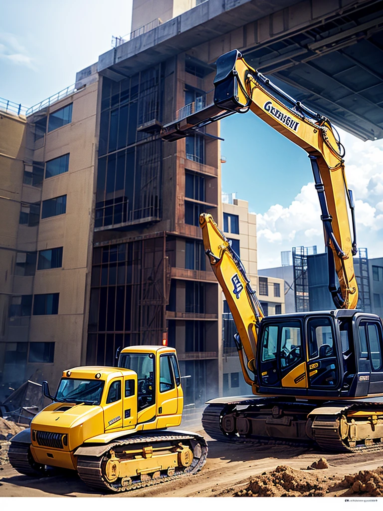 Highest quality,Highest Resolution,Man working at construction site,Black work clothes,Yellow helmet,Excavator,