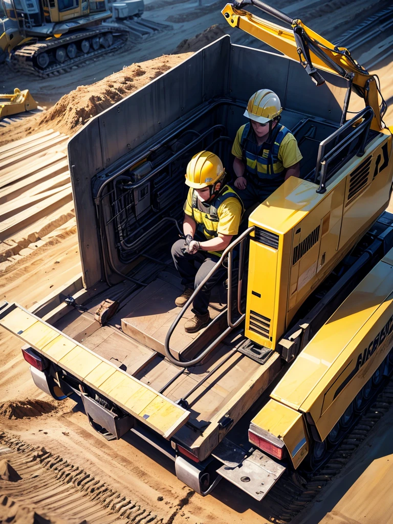 Highest quality,Highest Resolution,Man working at construction site,Black work clothes,Yellow helmet,Excavator,