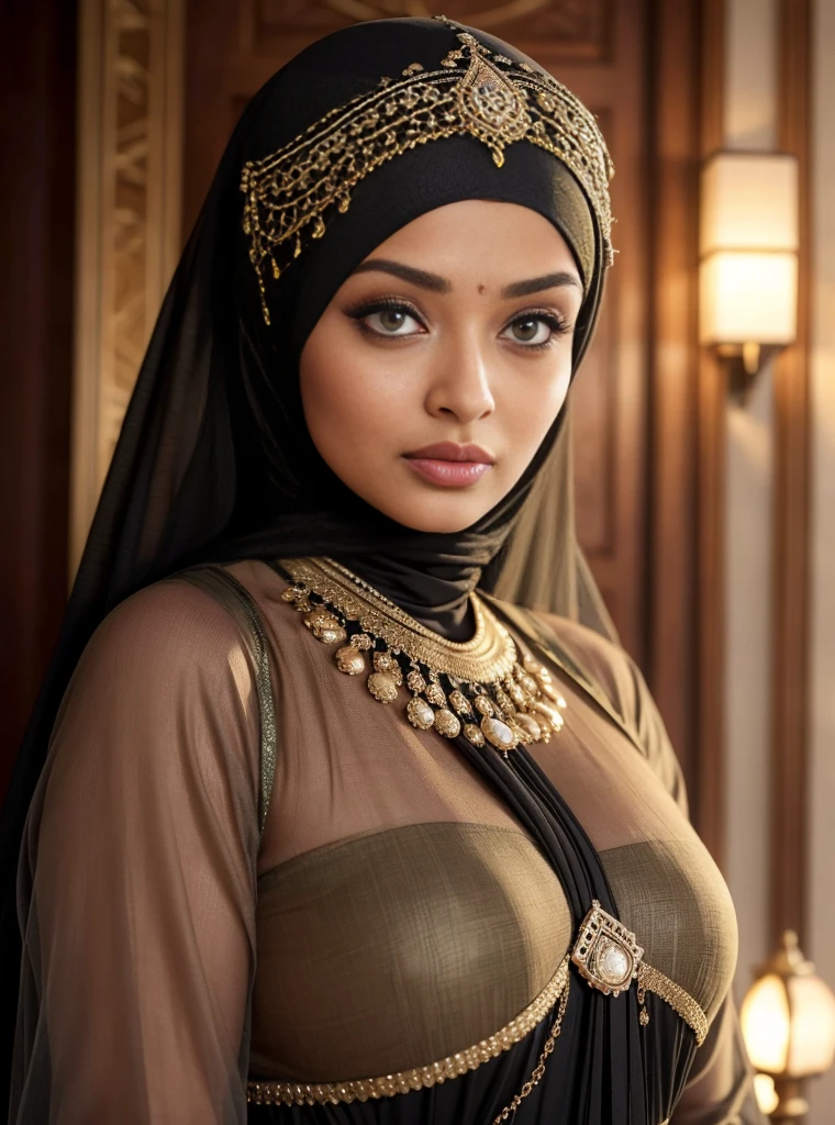 (best quality,ultra-detailed,realistic:1.37),Aishwarya Rai in hijab, Muslim, beautiful detailed eyes, beautiful detailed lips, luscious and curvy body, sexy Arabic girl, wearing see-through abaya, long eyelashes, cozy warm overhead light, backlighting, soft focus, smooth skin, confident expression, exquisite embroidery, alluring gaze, vivid colors, subtle highlights, sensual silhouette, Aishwarya Rai in hijab, Muslim,