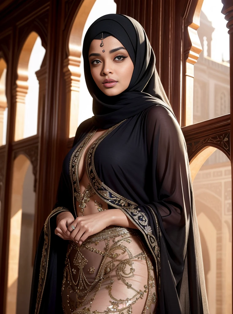 (best quality,ultra-detailed,realistic:1.37),Aishwarya Rai in hijab, Muslim, beautiful detailed eyes, beautiful detailed lips, luscious and curvy body, sexy Arabic girl, Clearage, wearing see-through abaya, long eyelashes, cozy warm overhead light, backlighting, soft focus, smooth skin, confident expression, exquisite embroidery, alluring gaze, vivid colors, subtle highlights, sensual silhouette, Aishwarya Rai in hijab, Muslim,
