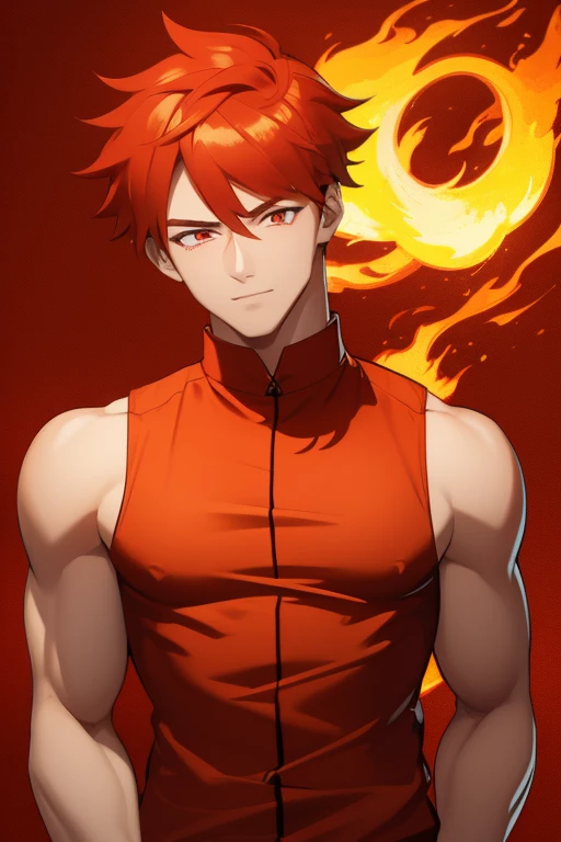 handsome boy fire hair pointed cut yellow complexion slim build strong red eyes yellow sleeveless vest red sleeveless shirt with fire print red jeans orange background