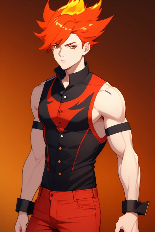 handsome boy fire hair pointed cut yellow complexion slim build strong red eyes yellow sleeveless vest red sleeveless shirt with fire print red jeans orange background