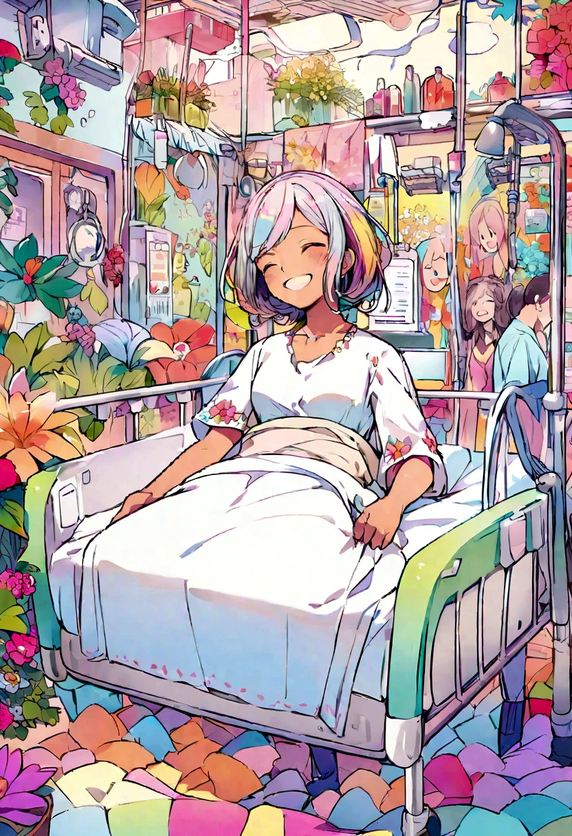 Create a colorful illustration of a smiling person caring for someone in a hospital bed