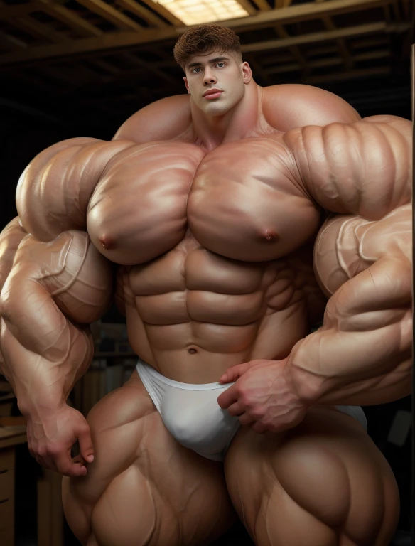 1boy, giant, alone, giant bodybuilder, illuminating light, strong body, bulk, large size, standing in whiet photo studio, indoor, nude, white triangular underwear, thick bulge, scratch his bulge, extraordinary big, brutalmass, giant muscular body, bulk, buff, massive body, large meaty body size, extremely wide body
