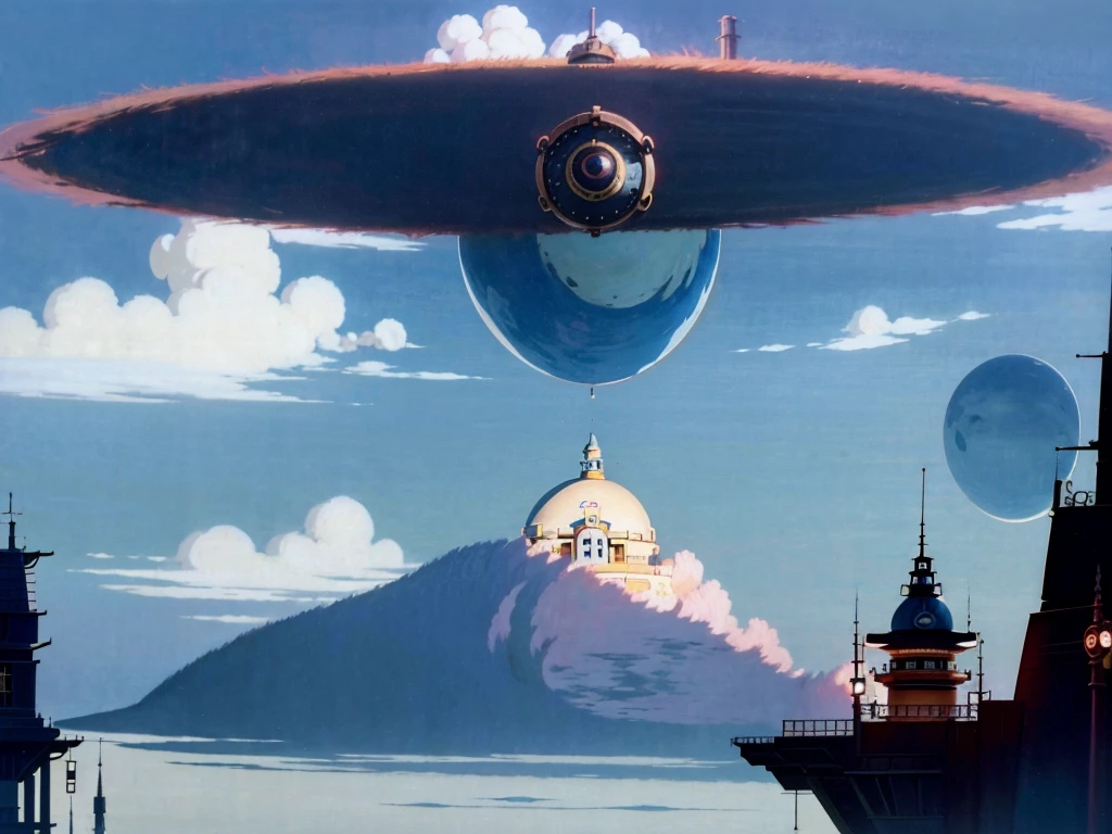 DVD screengrab from studio ghibli movie, beautiful steampunk observatory, clouds on blue sky, designed by Hayao Miyazaki, retro anime