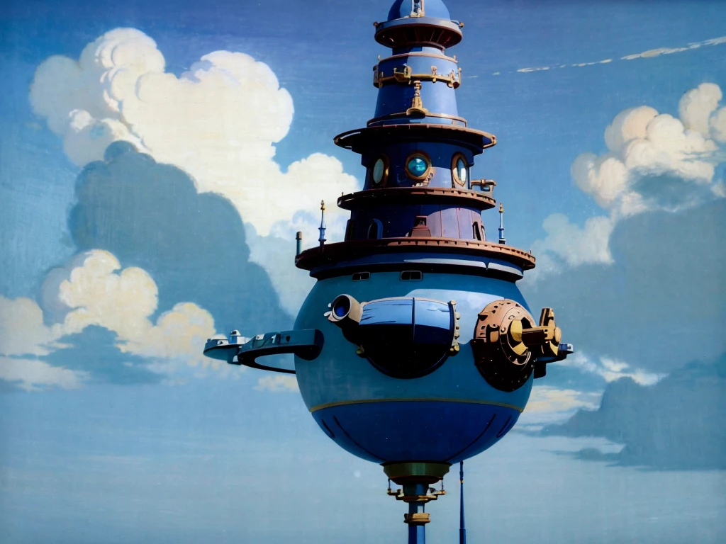 DVD screengrab from studio ghibli movie, beautiful steampunk observatory, clouds on blue sky, designed by Hayao Miyazaki, retro anime