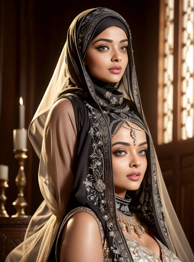 (best quality,ultra-detailed,realistic:1.37),Aishwarya Rai in hijab, Muslim, beautiful detailed eyes,beautiful detailed lips,luscious and curvy body,sexy Arabic girl,wearing see-through abaya,long eyelashes,cozy warm overhead light,backlighting,soft focus,smooth skin,confident expression,exquisite embroidery,alluring gaze,vivid colors,subtle highlights,sensual silhouette