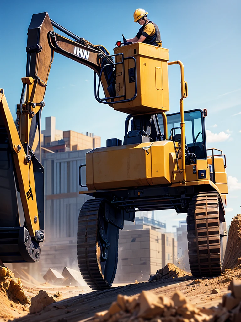 Highest quality,Highest Resolution,Man working at construction site,Black work clothes,Yellow helmet,Excavator,