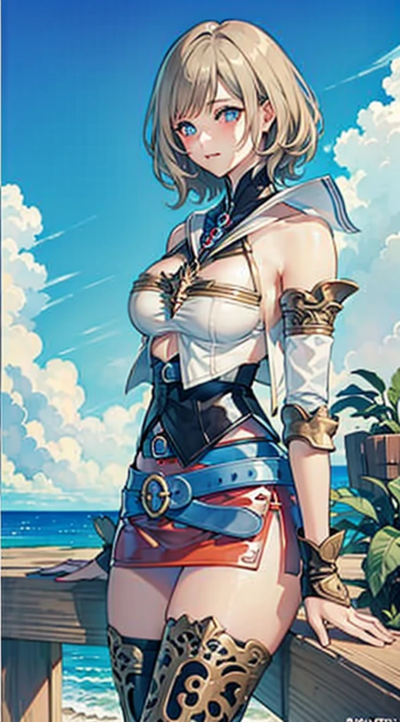 S-curve,s line,(cowboy shot,masutepiece, of the highest quality, Best Quality, Official art, Beautiful and aesthetic:1.2), ighly detailed, Colorful,highest details,Illustrations,Everyday scenery, 1girl in, Solo, (large boob,Final Fantasy 12,Ashelia, shorth hair,short-hair ,Ashelia Costume,Red mini skirt, thighs thighs thighs thighs, Knee socks that cover up to the shin,jewely, Blue belt,Number on one of the belts), is standing, move chart,Medieval fantasy