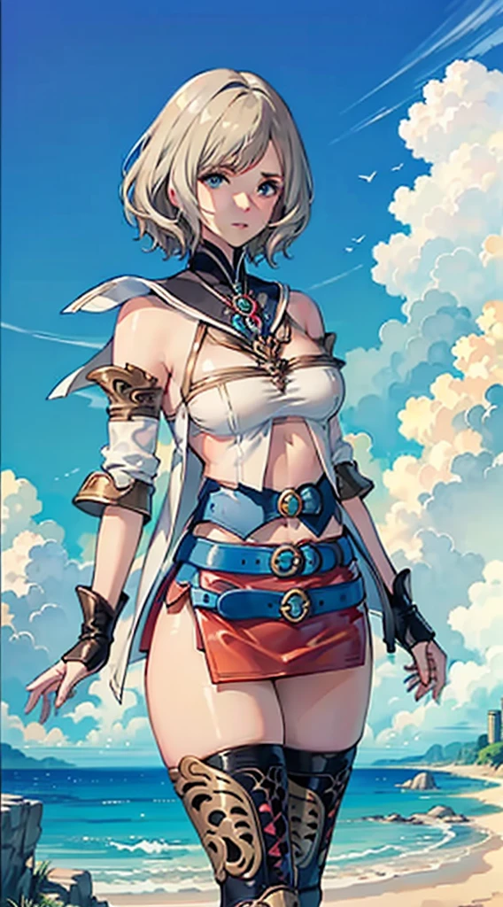 S-curve,s line,(cowboy  shot,masutepiece, of the highest quality, Best Quality, Official art, Beautiful and aesthetic:1.2), ighly detailed, Colorful,highest details,Illustrations,Everyday scenery, 1girl in, Solo, (large boob,Final Fantasy 12,Ashelia, shorth hair,short-hair ,Ashelia Costume,Red mini skirt, thighs thighs thighs thighs, Knee socks that cover up to the shin,jewely, Blue belt,Number on one of the belts), is standing, move chart,Medieval fantasy