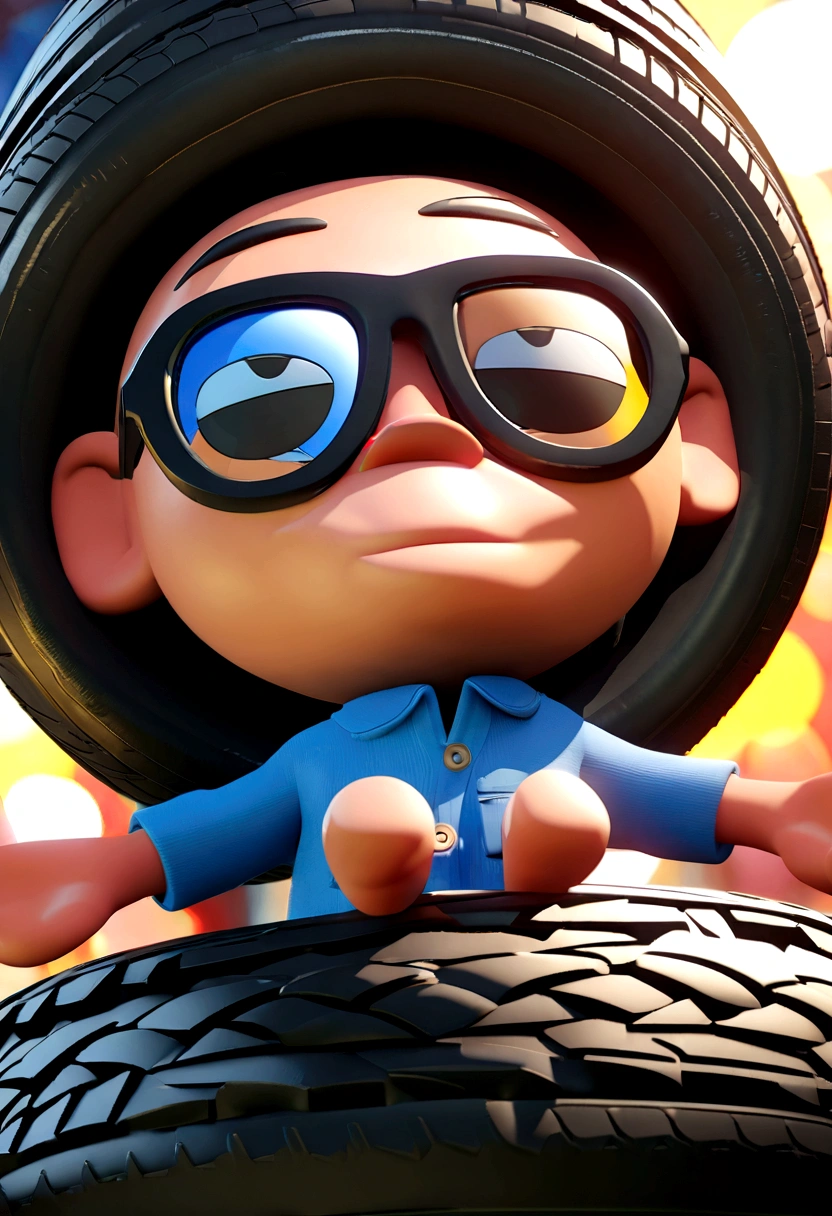 Cartoon character of a man in sunglasses and blue shirt,holding car tire, tire under the arms, animation character, stylized character, animation style rendering, 3d stylized, Arnold Maya rendering, Stylized 3D rendering, toon render screenshot, 3d character, 3d character, Stylized 3D rendering, 3D character rendering, cartoon character, Personagem de close up, character posing, (Pixar-style) (master part:1.2) (bokeh) (best qualityer) (skin detailed) (detailed texture) (8K) (Argilla) (cinematic lighting) (sharp focus