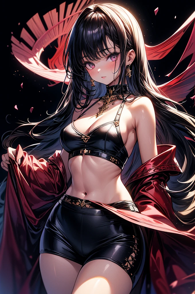 ((highest quality)),(ultra high resolution),(Super detailed),(detailed description),((best CG)),(best work of art),super precision art, great drawing art,(Art with precise details:1.5), (ung girl:1.5), beautiful and well-shaped face:1.5,(Beautiful skin with precise and detailed depiction:1.6),(sleeveless halter neck crop top, knee length gym shorts ),gorgeous, masterpiece, best quality, high-resolution, finely detailed, extremely detailed and beautiful, distinct-image, 1 girl, 16 year old teen, solo, sharp facial features, oval shaped face. cherry pink lips, lightly tanned white skin. velvet-colored eyes, C-cup breasts, tall height(175cm), slim yet chiseled body type, short shoulder length dark violet-black hair, small narrow waist, long and slender legs, curvy wide hips, elegant gothic courtyard setting