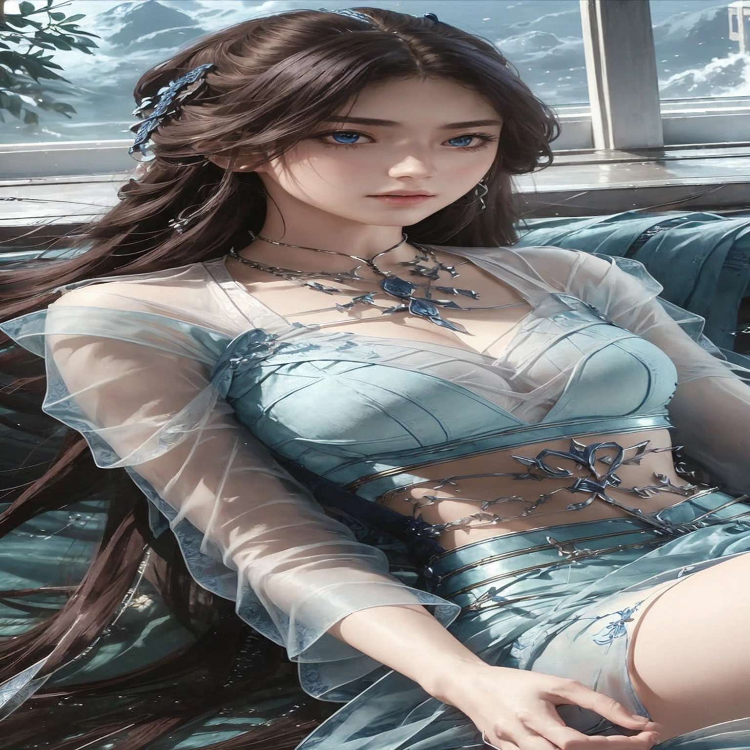 8K, ultra hd, masterpiece, hd colors, 1 girl, perfect face, very long curly hair, detailed eyes, Metallic clothing, ((indigo clothing:1.5)), stocking, ((criss-cross lace)), long sardine, straps, Pendant, net clothing, loops, hip cape, wings, bare waist, jwellery, ornaments, waterside, Realistic scenery, epic scenery, sun rising, evening, clouds, Butterfly, cherry blossom, flowing wind, front body pose, sitting in the water,