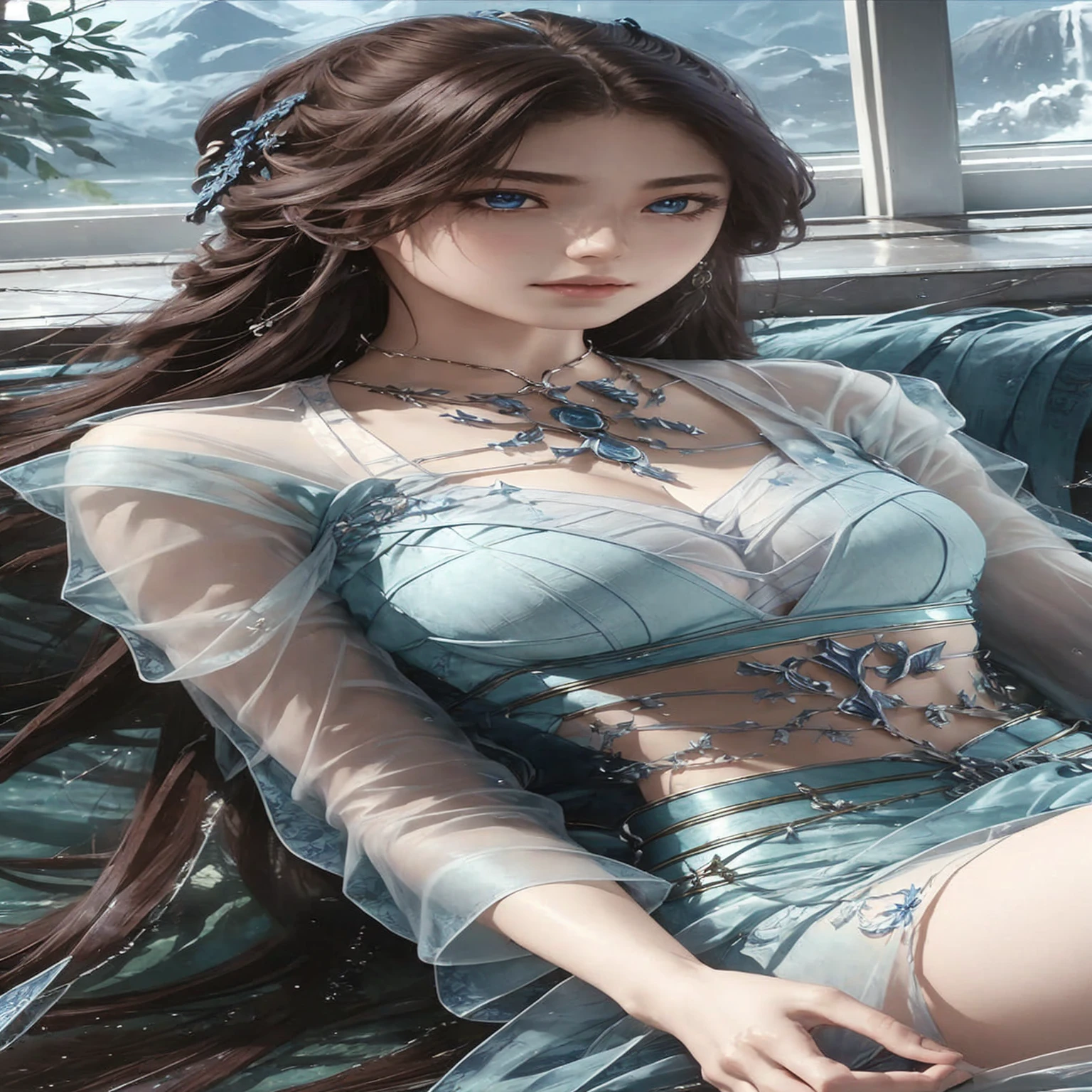 8K, ultra hd, masterpiece, hd colors, 1 girl, perfect face, very long curly hair, detailed eyes, Metallic clothing, ((indigo clothing:1.5)), stocking, ((criss-cross lace)), long sardine, straps, Pendant, net clothing, loops, hip cape, wings, bare waist, jwellery, ornaments, waterside, Realistic scenery, epic scenery, sun rising, evening, clouds, Butterfly, cherry blossom, flowing wind, front body pose, sitting in the water,