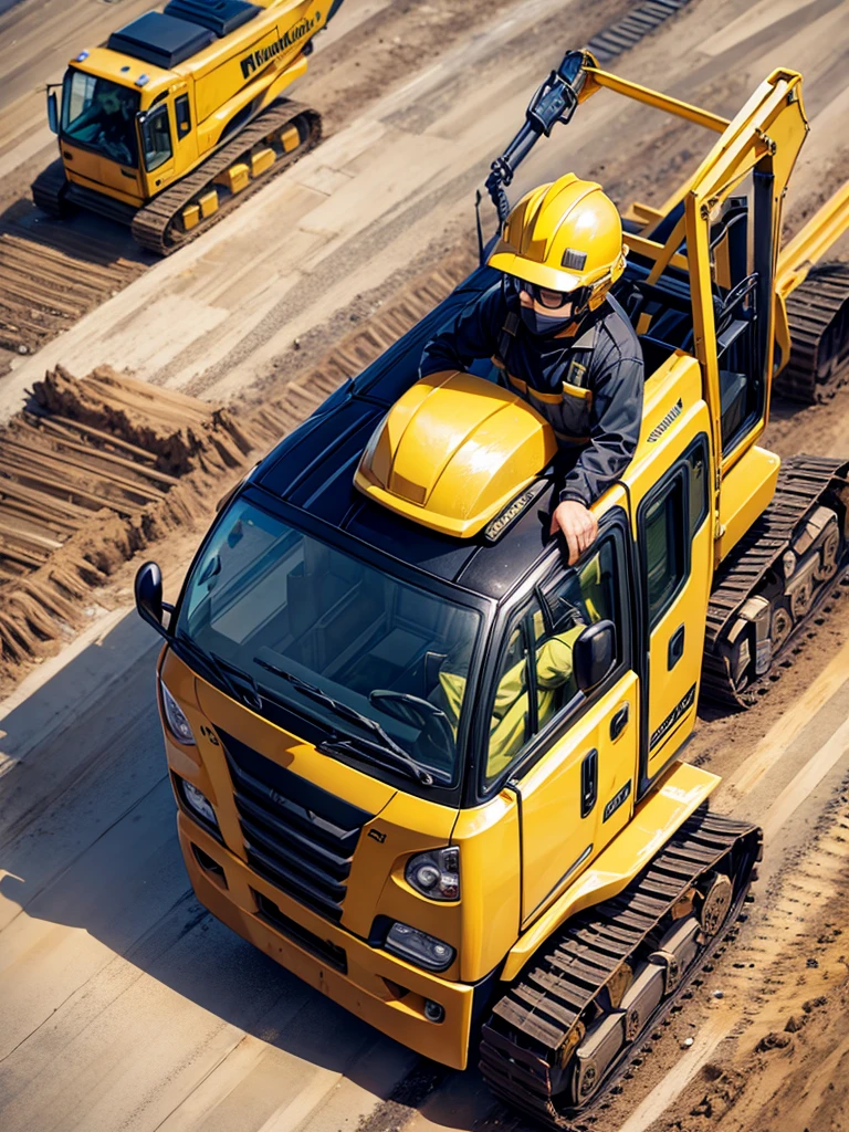 Highest quality,Highest Resolution,Man working at construction site,Black work clothes,Yellow helmet,Excavator,sunny,Sweating profusely