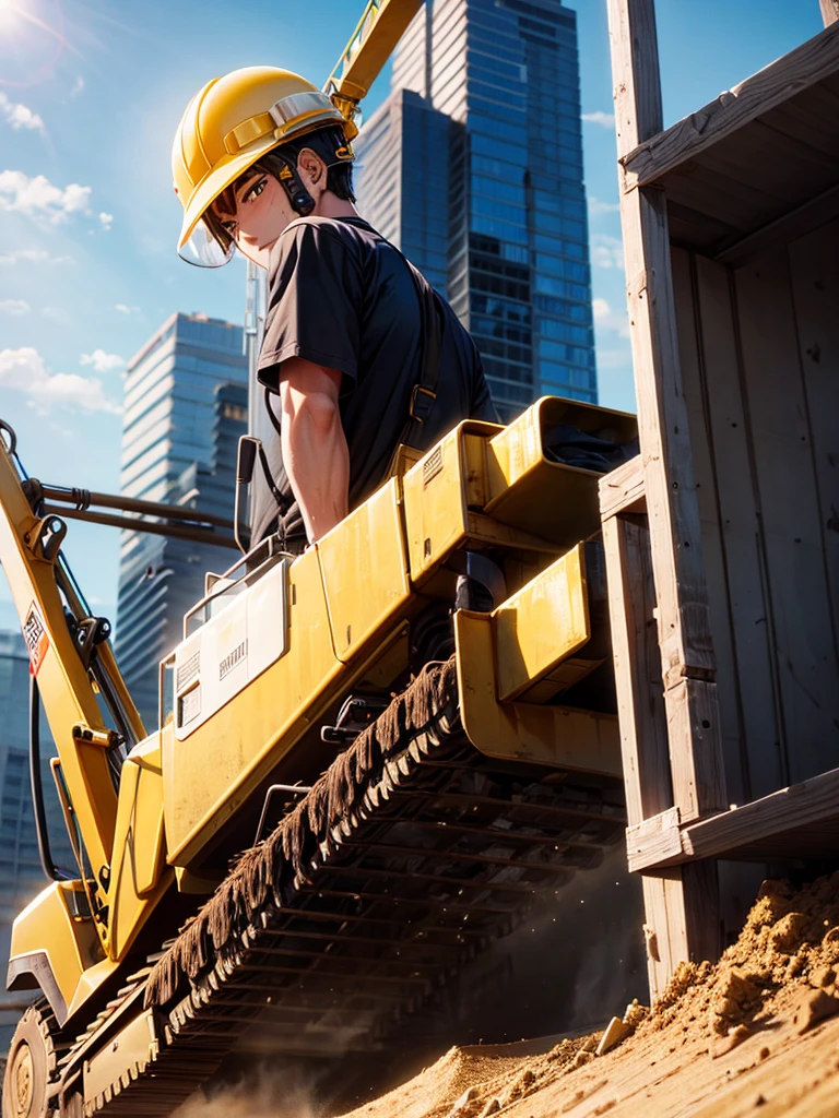 Highest quality,Highest Resolution,Man working at construction site,Black work clothes,Yellow helmet,Excavator,sunny,Sweating profusely