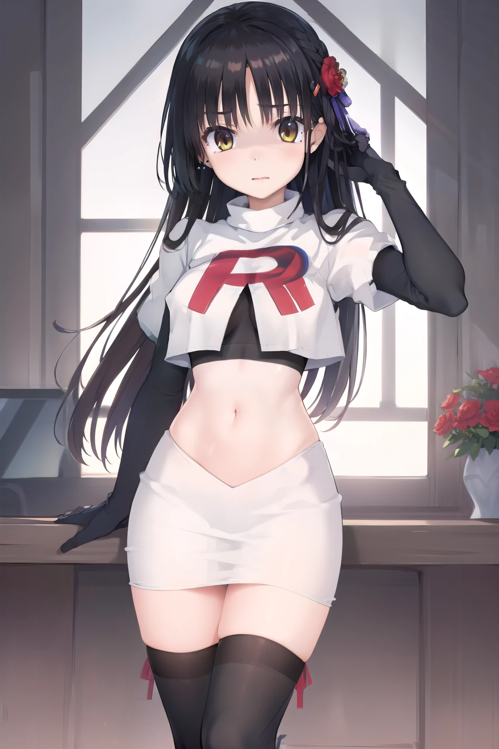 solo, Natsume, black hair, yellow eyes, long hair, hairclip, hair ribbon, mole under eye, hair flower, red flower, team rocket,team rocket uniform,white skirt,red letter R,crop top,black thigh-highs,black elbow gloves