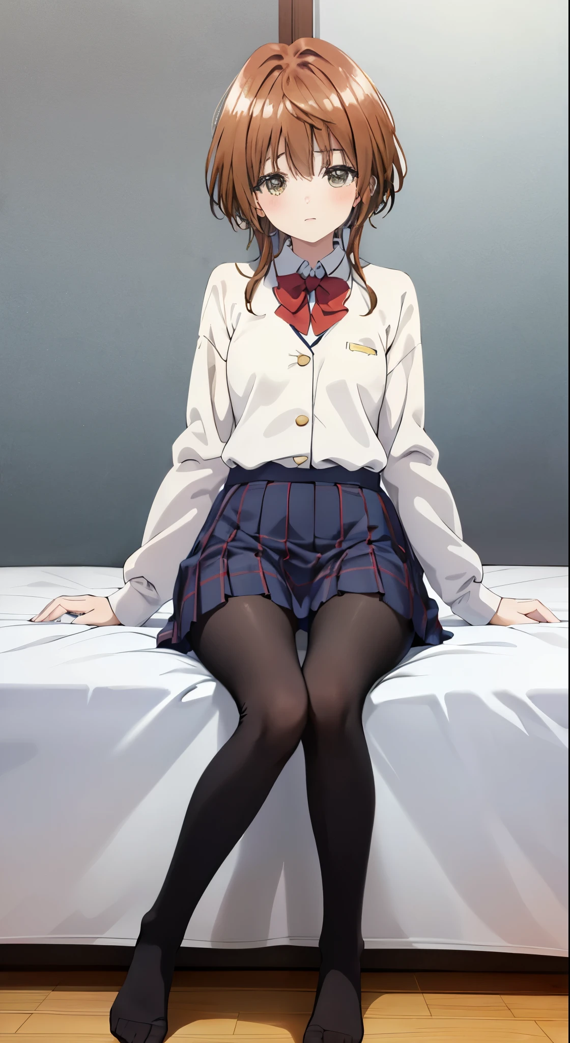 finest, masterpiece, High resolution, (Full body view from head to toe), Composition from the front and slightly below, symmetrical composition, Composition with accurate balance throughout the body、18 years old, slim and beautiful girl, alone, (small breasts), (not wearing shoes),messy hair, bangs, (black tights), (black pantyhose), (sitting on the floor with legs apart), (A pose in which the legs are spread apart on the bed), tied up with both arms hidden behind the back, shy big eyes, looking at camera, blazer uniform, plaid pleated skirt