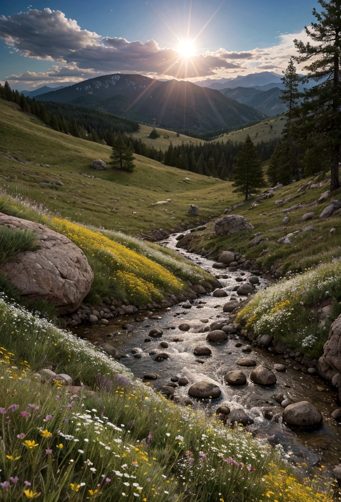 A highly realistic 8K image of a mountain landscape with wildflowers. The scene includes vibrant green grass, white and yellow wildflowers, and rocky terrain with a clear stream flowing through. The background features rolling hills and a partly cloudy sky. The light is soft and natural, highlighting the details of the flowers and the texture of the rocks. Photorealistic, ultra-detailed, 8K resolution.