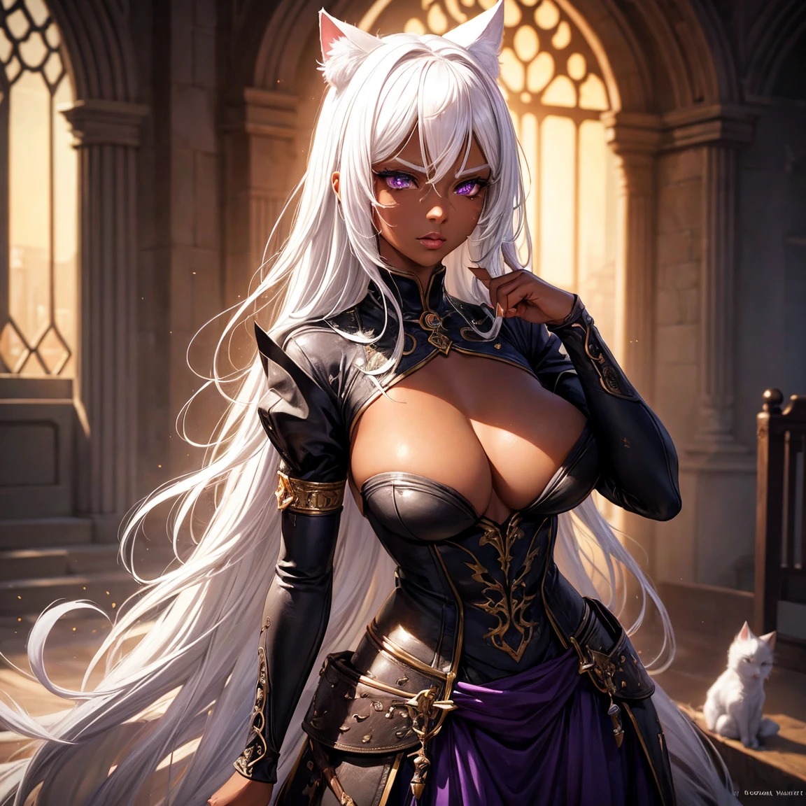 a woman, 1girl, neko, white hair, cat ear, breasts, purple eyes!!!, dark skin!!!, serious face, nude, penis instead of a pussy, sunny, medieval castle town, very sexy body, detailed face, beautiful detailed eyes, beautiful detailed lips, extremely detailed eyes and face, long eyelashes, highly detailed, photo realistic, 8k, best quality, masterpiece, cinematic lighting, dramatic lighting, vibrant colors, fantasy, digital art, concept art