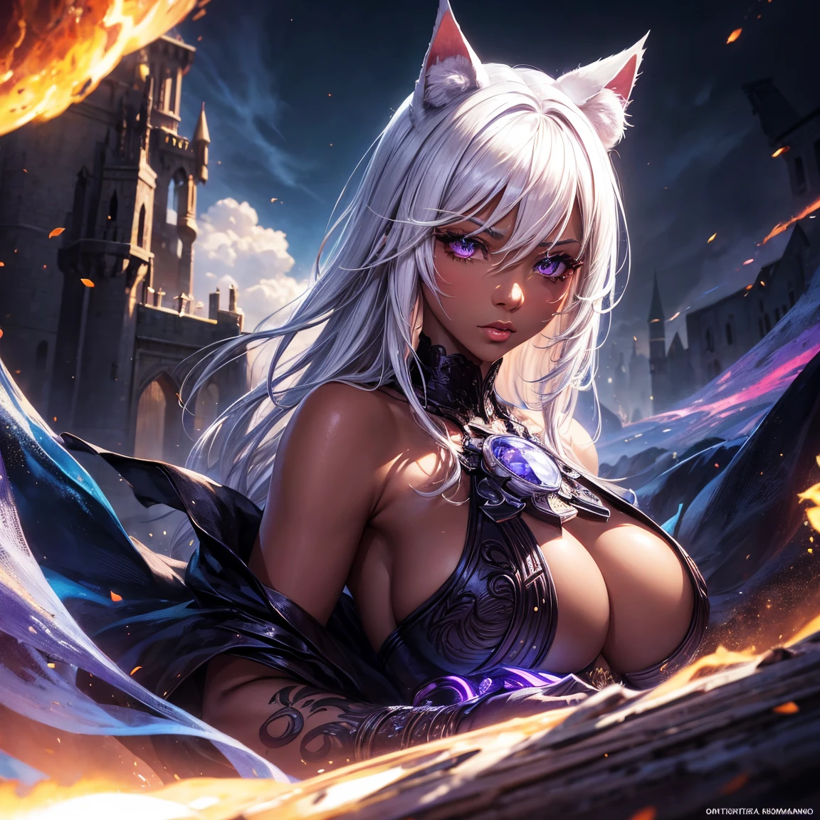 a woman, 1girl, neko, white hair, cat ear, breasts, purple eyes!!!, dark skin!!!, serious face, nude, penis instead of a pussy, sunny, medieval castle town, very sexy body, detailed face, beautiful detailed eyes, beautiful detailed lips, extremely detailed eyes and face, long eyelashes, highly detailed, photo realistic, 8k, best quality, masterpiece, cinematic lighting, dramatic lighting, vibrant colors, fantasy, digital art, concept art