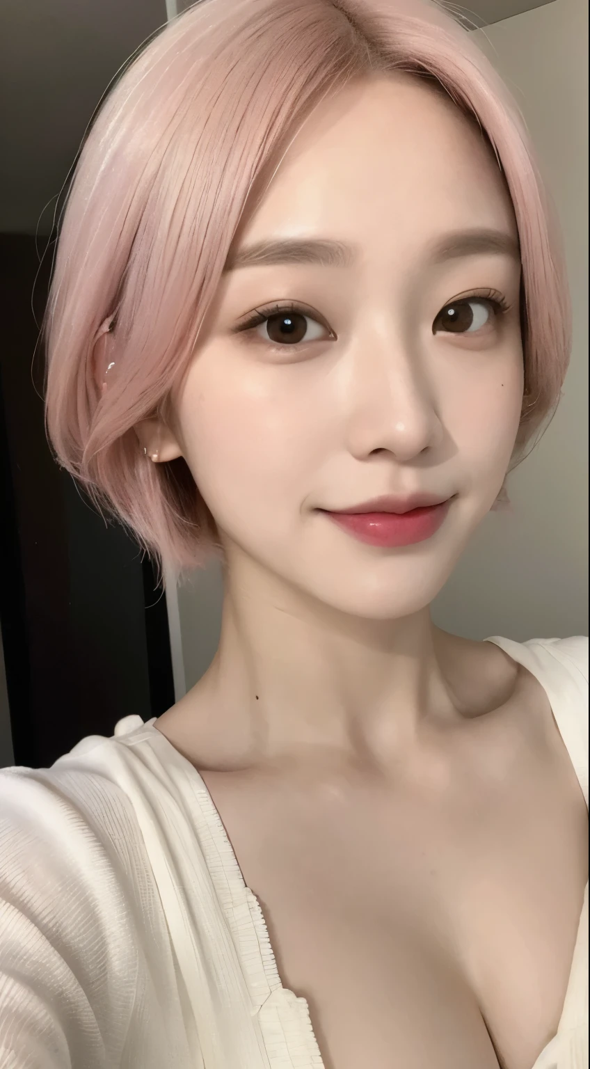 Haruno sakura, ((alone)), alone, E cup breasts,White blouse, ((Show your forehead)), smile,Are standing, Taking a selfie of myself in the mirror, Pink Hair, short hair, delicate, young, short hair, Detailed face, High resolution, ((whole body)), Bedroom, whole body, she is a beautiful , High quality face, beautiful, Shine,(masterpiece:1.3), High resolution, Very detailed, Very detailedな,Unity 8k wallpaper, Realistic, photo-Realistic, RAW Photos, Beautifully detailed face, Pale skin, Realistic glistening skin,