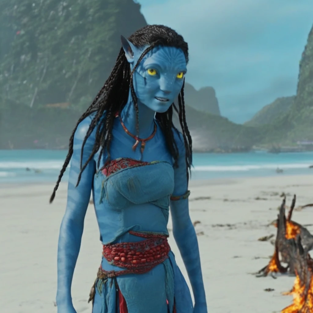 Na'vi, Avatar, 1girl alien, lots of details, ash blue skin, yellow eyes, beach bonfire, standing up, wearing red and blue clothing, flowers, 4k, 8k, movie still