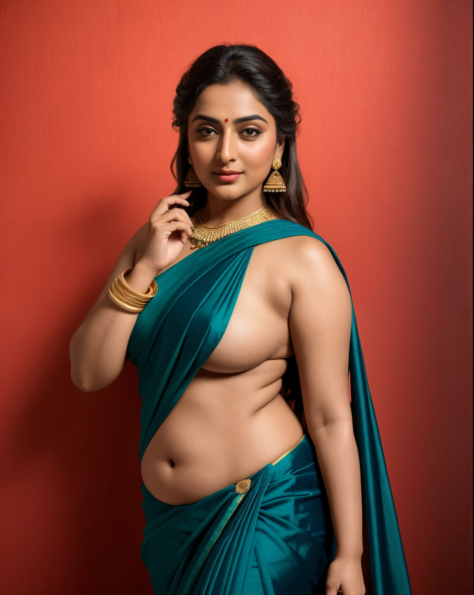 Foto RAW, photorealistic, photography, full body shot, master shot, perfect eyes, goddess like beauty, pierced eyes, perfect thick chubby mallu Desi aunty bhabhi, Wearing a Stanapatta, a chest-band.Saree model, model Photography, Indian saree shoot, Indian traditional wear advertising photography, traditional wear brand shoot, face of Indian actress Sonakshi Sinha, masterpiece, realistic, realism, incredible details,  pleasure, photorealism, detailed skin, skin pores, high contrast, photorealistic Artstation 8k HD digital art trend of high definition and detailed realistic skin texture, ultra detail, realistic skin texture, armature, best quality, ultra high definition, (photorealistic:1.4),, high resolution, detail, raw photo, sweat, Re sharp, by Lee Jefferies Nikon D850 Film Stock Photo 4 Kodak Portra 400 Camera F1.6 Lens Rich Color Ultra Real Realistic Realistic Textures Dramatic Lighting Unreal Engine Trending at Art Station Cinestill 800,(pele altamente detalhada: 1.2), 8k UHD, DSLR, soft-lighting, alta qualidade, grain of film, Fujifilm XT3,she didn't like to wear blouse or bra, she is happy to wear only saree, she hates blouse or bra, detailed hairy armpits, hyper realistic skin, skin pores, sweat, veins, 