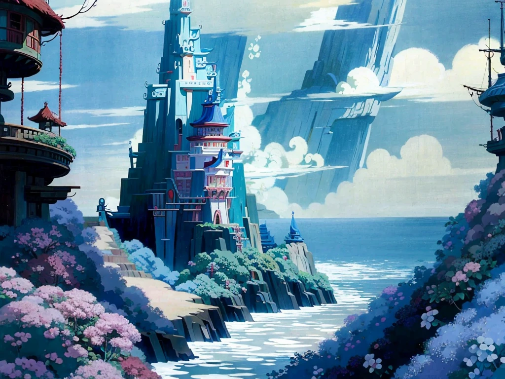 DVD screengrab from studio ghibli movie, beautiful seaside hanging gardens, clouds on blue sky, designed by Hayao Miyazaki, retro anime