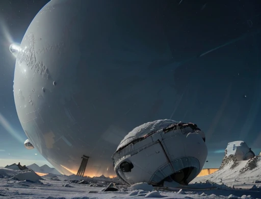 Bright day on the ice planet, A Flying Saucer-Shaped Alien Ship Has Crashed to the Ground, half buried, frozen planet setting, snowstorm , zoomed in on crotch, , chunie, darkgem, there is an astronaut watching this spaceship