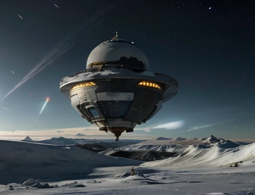 Bright day on the ice planet, A Flying Saucer-Shaped Alien Ship Has Crashed to the Ground, half buried, frozen planet setting, snowstorm , zoomed in on crotch, , chunie, darkgem, there is an astronaut watching this spaceship