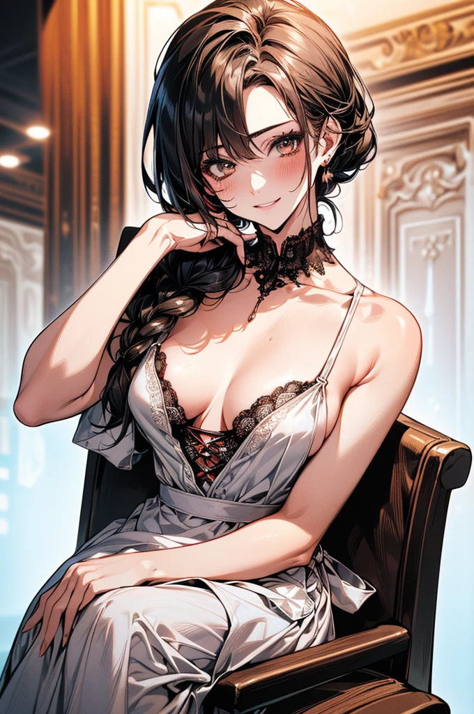 (A masterpiece of image quality in 8K),(from below:1.2),(Beautiful Allafed Woman),(((emphasizing breasts:1.0))),(Dynamic angles),(Dynamic and sexy bending pose:1.3),(sit a chair:1.3),(Short hair in shiny silver and orange inner colors,(perky chest:1.1), (pointed chest:1.3),small full breasts,Disturbance of clothing due to movement,breast slip,(Ponytail twisted buns adorned with elaborate braids and beads,Braided Setup Fishbone Hair,),(see-through bangs),small breasts、(((A white lace apron that shows your bare skin from under your small breasts)))、Blush with embarrassment、Enraptured eyes、A smile that beguiles the viewer、(Look back:1.2)、Look into the photographer,skin glistening with sweat,gazing at viewer,,(Professional Lighting),(8K,masutepiece,top-quality,Ultra-high resolution output image,),(Ultra HD with complex detail image modes),depth of fields,Beautiful hands,Beautiful fingers,Detailed finger features,(Detailed hair features:1.7),detailed facial features,detailed clothes features,