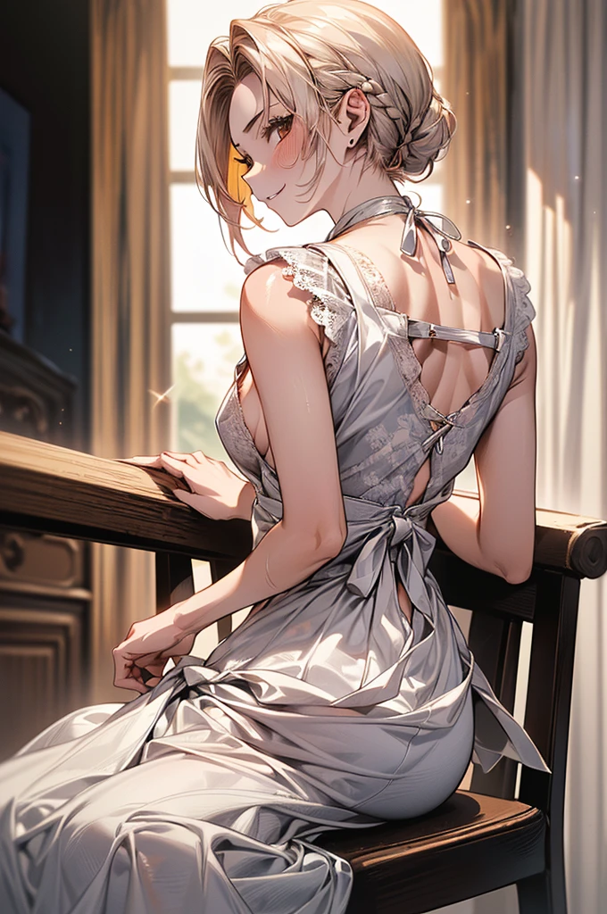(A masterpiece of image quality in 8K),(from below:1.2),(Beautiful Allafed Woman),(((emphasizing breasts:1.0))),(Dynamic angles),(Dynamic and sexy bending pose:1.3),(sit a chair:1.3),(Short hair in shiny silver and orange inner colors,(perky chest:1.1), (pointed chest:1.3),small full breasts,Disturbance of clothing due to movement,breast slip,(Ponytail twisted buns adorned with elaborate braids and beads,Braided Setup Fishbone Hair,),(see-through bangs),small breasts、(((A white lace apron that shows your bare skin from under your small breasts)))、Blush with embarrassment、Enraptured eyes、A smile that beguiles the viewer、(Look back:1.2)、Look into the photographer,skin glistening with sweat,gazing at viewer,,(Professional Lighting),(8K,masutepiece,top-quality,Ultra-high resolution output image,),(Ultra HD with complex detail image modes),depth of fields,Beautiful hands,Beautiful fingers,Detailed finger features,(Detailed hair features:1.7),detailed facial features,detailed clothes features,