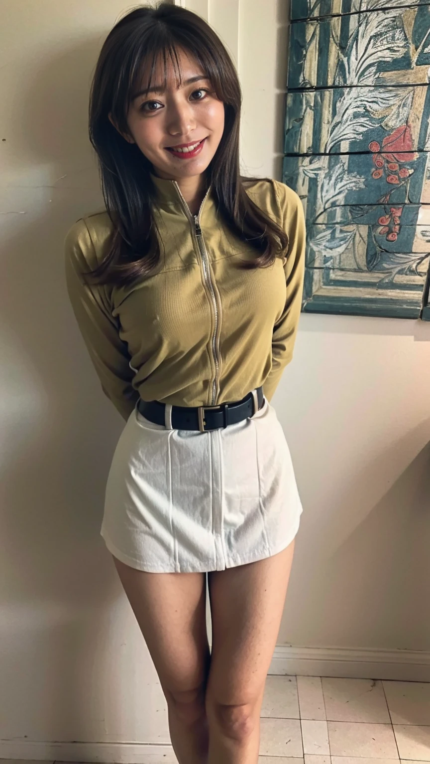 (8K、RAW Photos、Highest quality、masterpiece:1.2)、(Realistic、Realistic)、1 girl、((Federal Army Miniskirt:1.5、With pubic hair、Large Breasts、Full body from the front、Standing with hands behind back、))、Lots of eyelashes、Glowing eyelids、skeletally correct、smile、This photo will awaken boys to sex