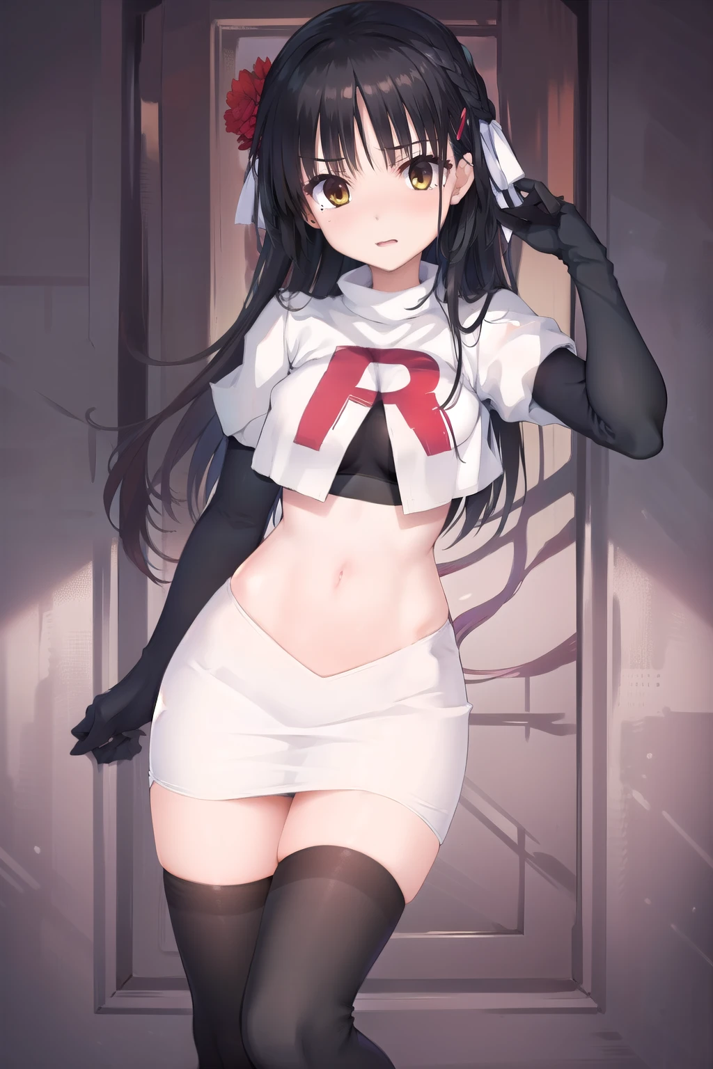 solo, Natsume, black hair, yellow eyes, long hair, hairclip, hair ribbon, mole under eye, hair flower, red flower, team rocket,team rocket uniform,white skirt,red letter R,crop top,black thigh-highs,black elbow gloves