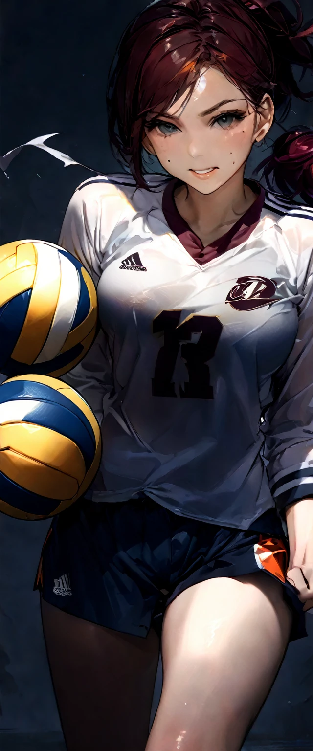 ((best quality)), ((masterpiece)), (detailed), 1girl, orange skin, maroon hair, wet shirt, varsity volleyball player, blank gray background, attack pose, holding volleyball, full body, wearing rubber shoes