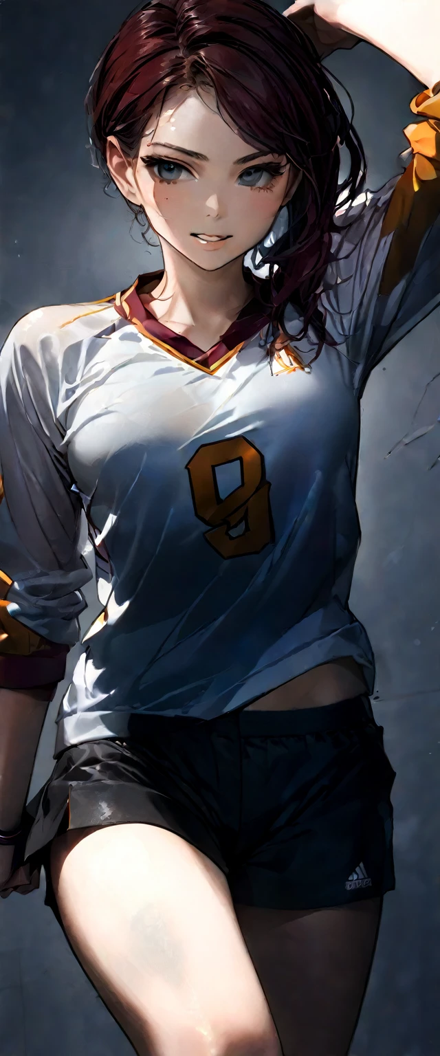 ((best quality)), ((masterpiece)), (detailed), 1girl, orange skin, maroon hair, wet shirt, varsity volleyball player, blank gray background, attack pose, holding volleyball, full body, wearing rubber shoes