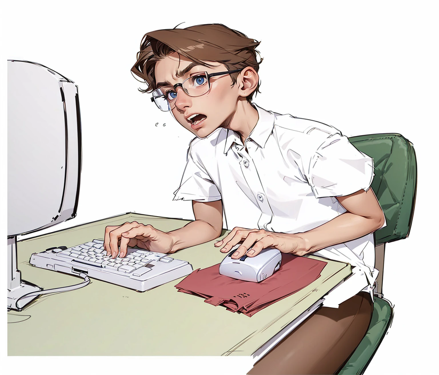 19 year old skinny boy sitting at an office desk using a computer keyboard and white mouse ,with worried face (distressed expression,add it,with his mouth open looking at the computer monitor wearing a nerdy short-sleeved formal shirt