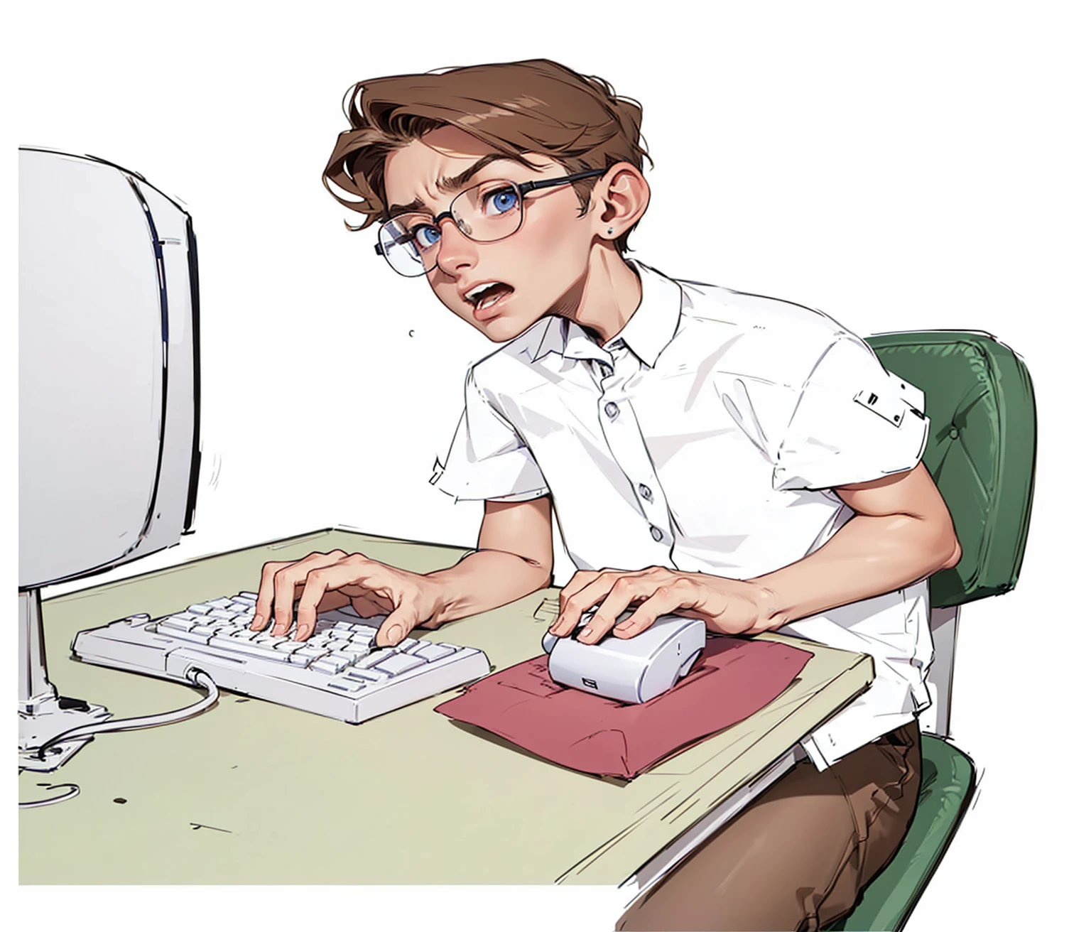 19 year old skinny boy sitting at an office desk using a computer keyboard and white mouse ,with worried face (distressed expression,add it,with his mouth open looking at the computer monitor wearing a nerdy short-sleeved formal shirt
