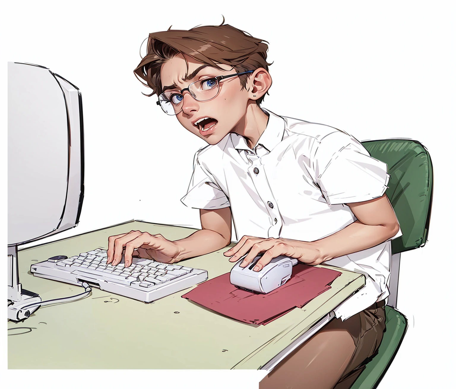 19 year old skinny boy sitting at an office desk using a computer keyboard and white mouse ,with worried face (distressed expression,add it,with his mouth open looking at the computer monitor wearing a nerdy short-sleeved formal shirt