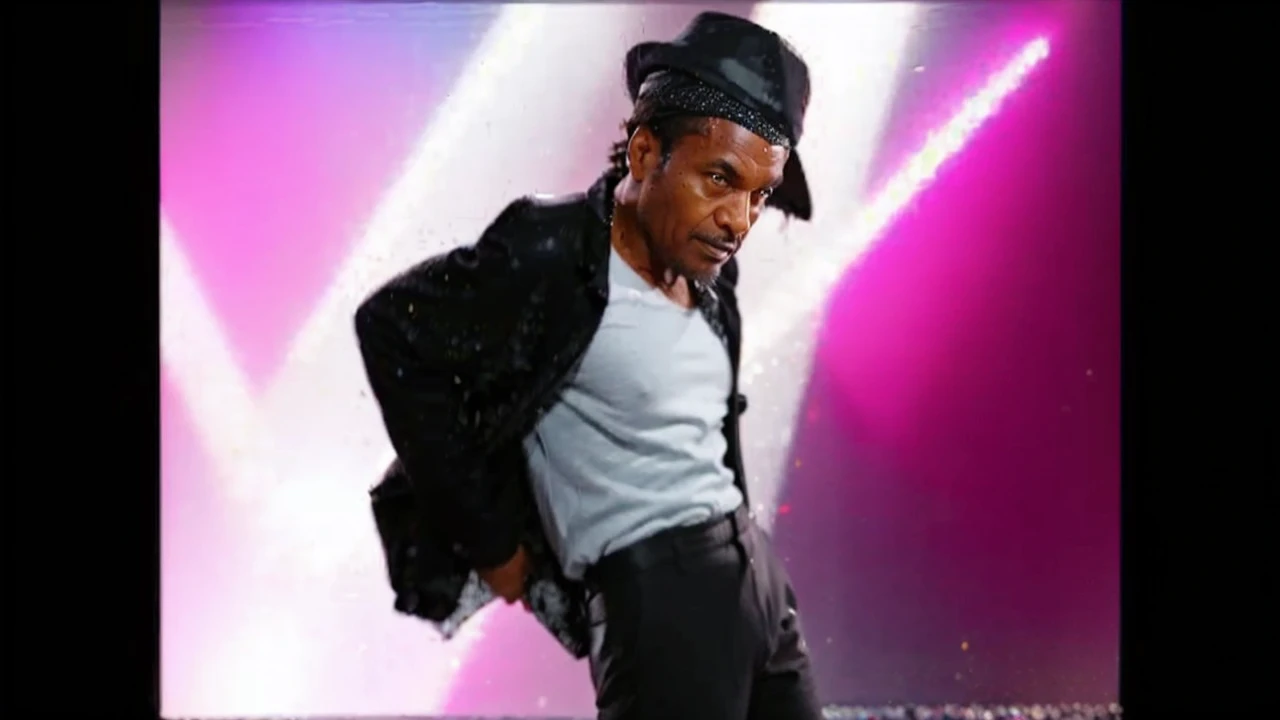 A Old Black man with receding hair line looking to left and wearing a Black Glitter jacket and wearing a Black pants with line and wearing a Black hat And Dancing on Floor 
