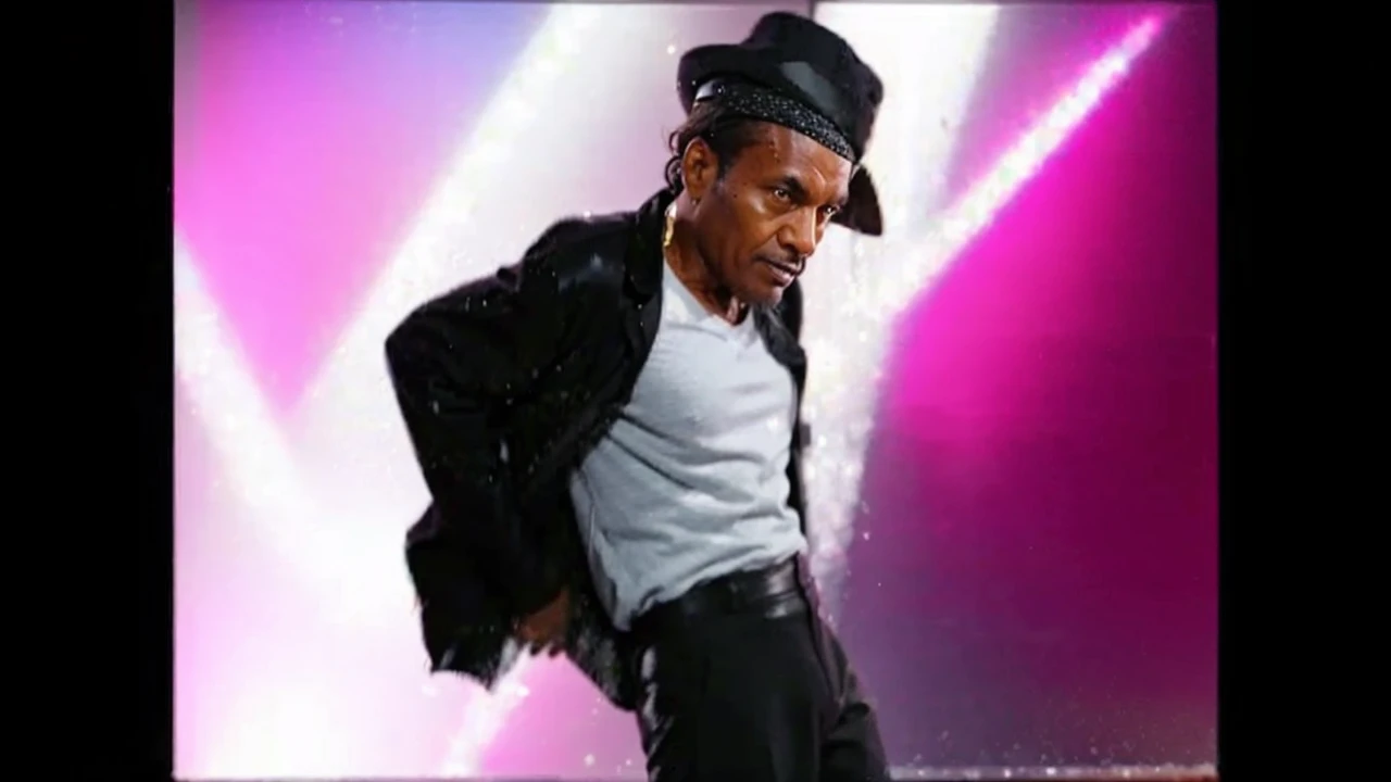 A Old Black man with receding hair line looking to left and wearing a Black Glitter jacket and wearing a Black pants with line and wearing a Black hat And Dancing on Floor